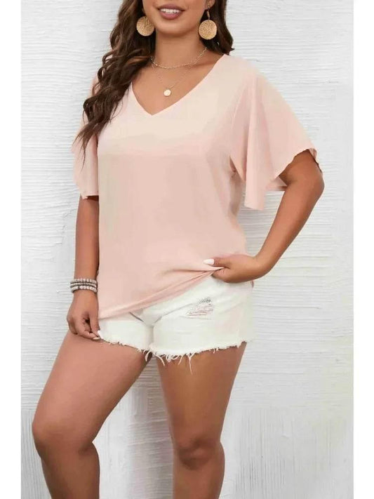 Women's Plus Size 1XL-5XL Solid Color Short Sleeve Blouse V Neck Bell Sleeve Blouse Casual Pullovers Shirt Top - Empire P.E