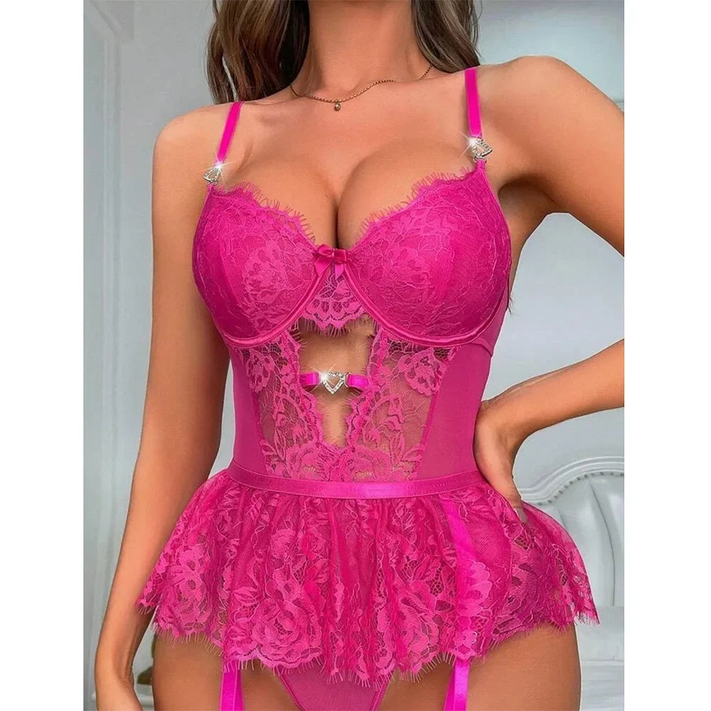 Sexy Crotchless Lingerie Women Lace Hollow Bodysuit - Empire P.E