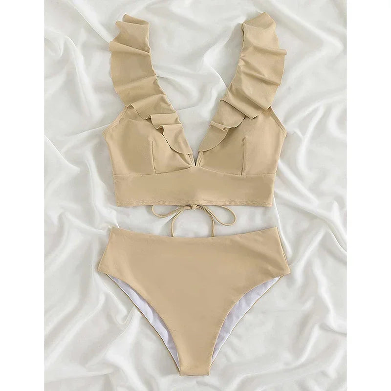 Riseado High Waist Bikinis Set Ruffle Shoulder Sexy Plunging Swimwear Women Bathing Suit Summer Beachwear - Empire P.E