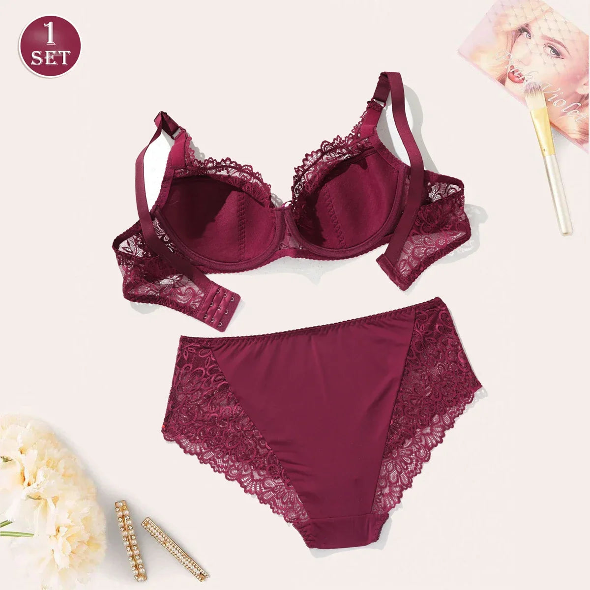 Women Plain Lace Bra and Panty Thin Underwire Lingerie Set Plus Size - Empire P.E
