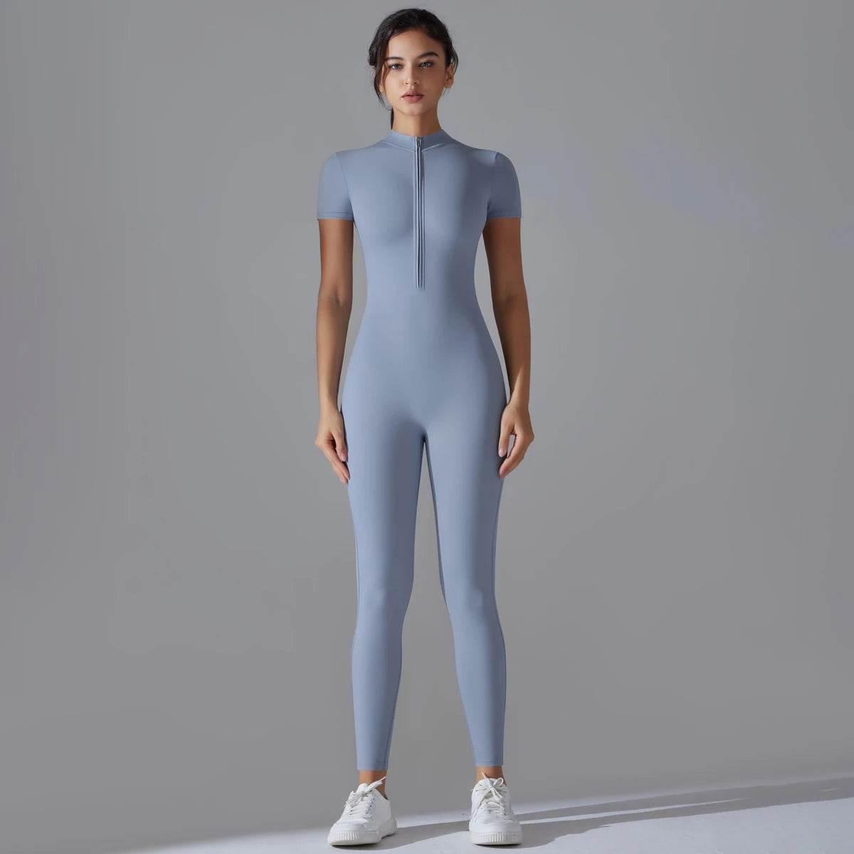 Yoga Set Women's Jumpsuits One-Piece Suit Zipper Short Sleeve Gym Push Up Workout Clothes Fitness Bodysuit Sportswear Tracksuit - Empire P.E