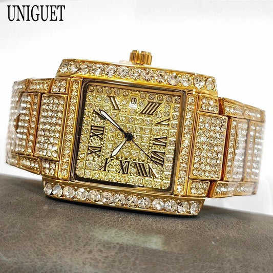 Iced Out Watch For Men Luxury Gold Stainless Steel Quartz - Empire P.E