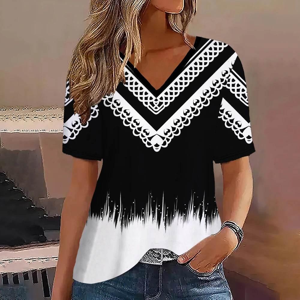 Women's T-Shirt Summer Stripe Short Sleeve Tee Shirt Fashion Blue V-Neck Female Clothing Casual New T-Shirt for Women Pullover - Empire P.E