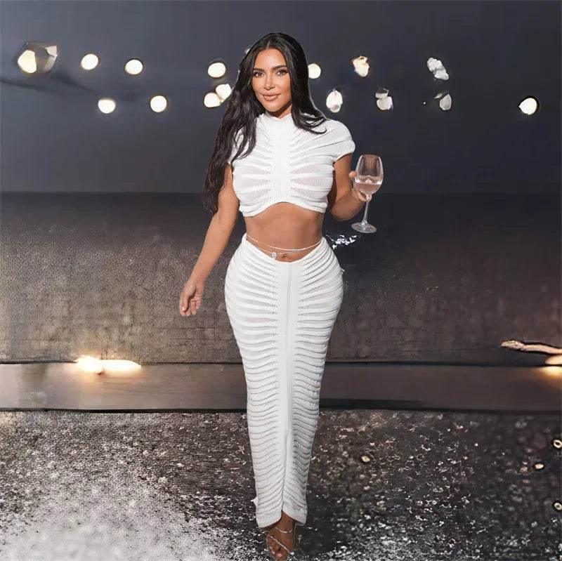 Sexy Knitted Striped 2 Piece Sets Women Outfit Y2K Clothes Birthday Sheer Crop Top and Long Skirt Set Elegant Night Club Outfits - Empire P.E
