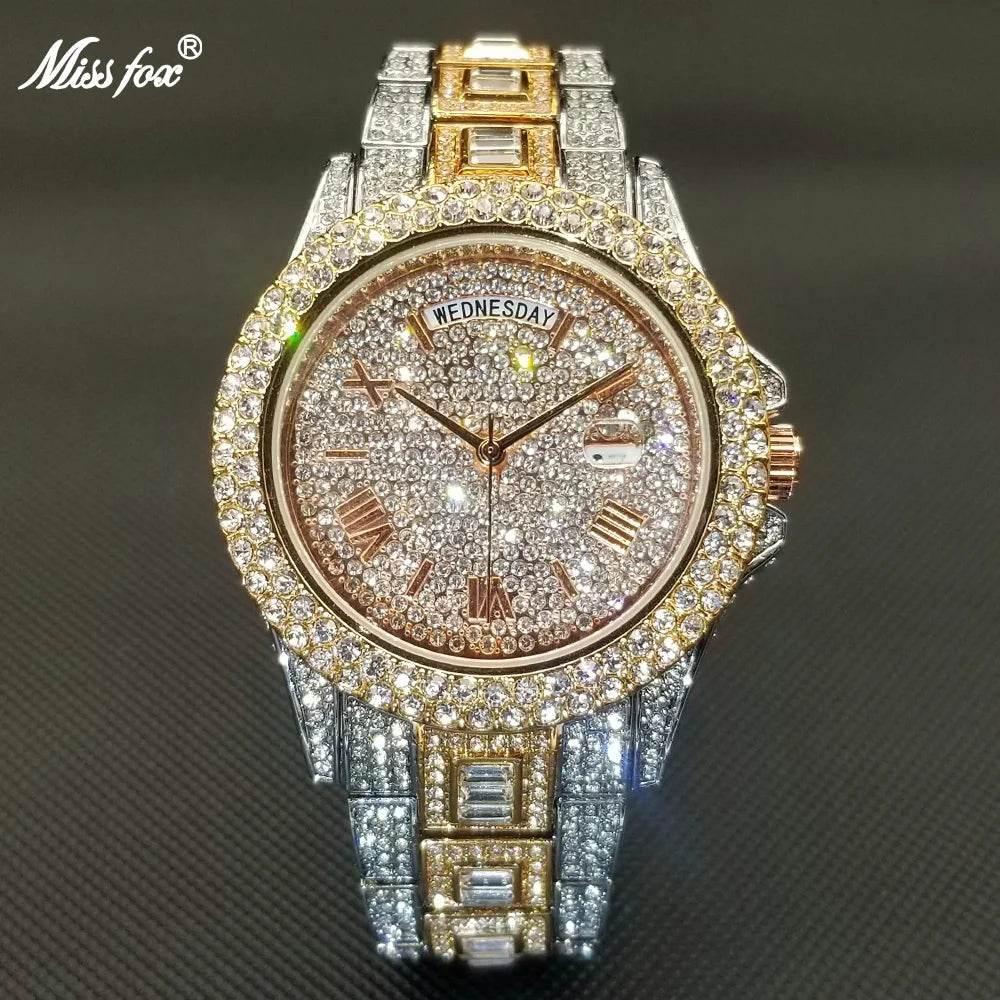 Luxury Shiny Diamond Watch For Men Hip Hop Trendy Iced Out Quartz Watches High Quality Stainless Steel Waterproof Day Date Clock - Empire P.E