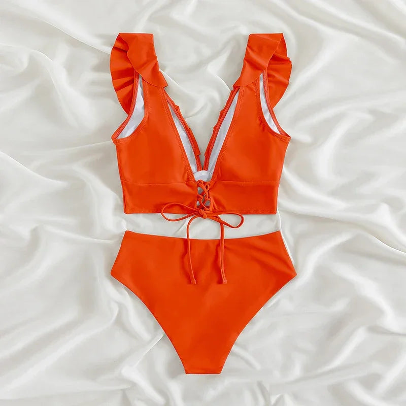 Riseado High Waist Bikinis Set Ruffle Shoulder Sexy Plunging Swimwear Women Bathing Suit Summer Beachwear - Empire P.E