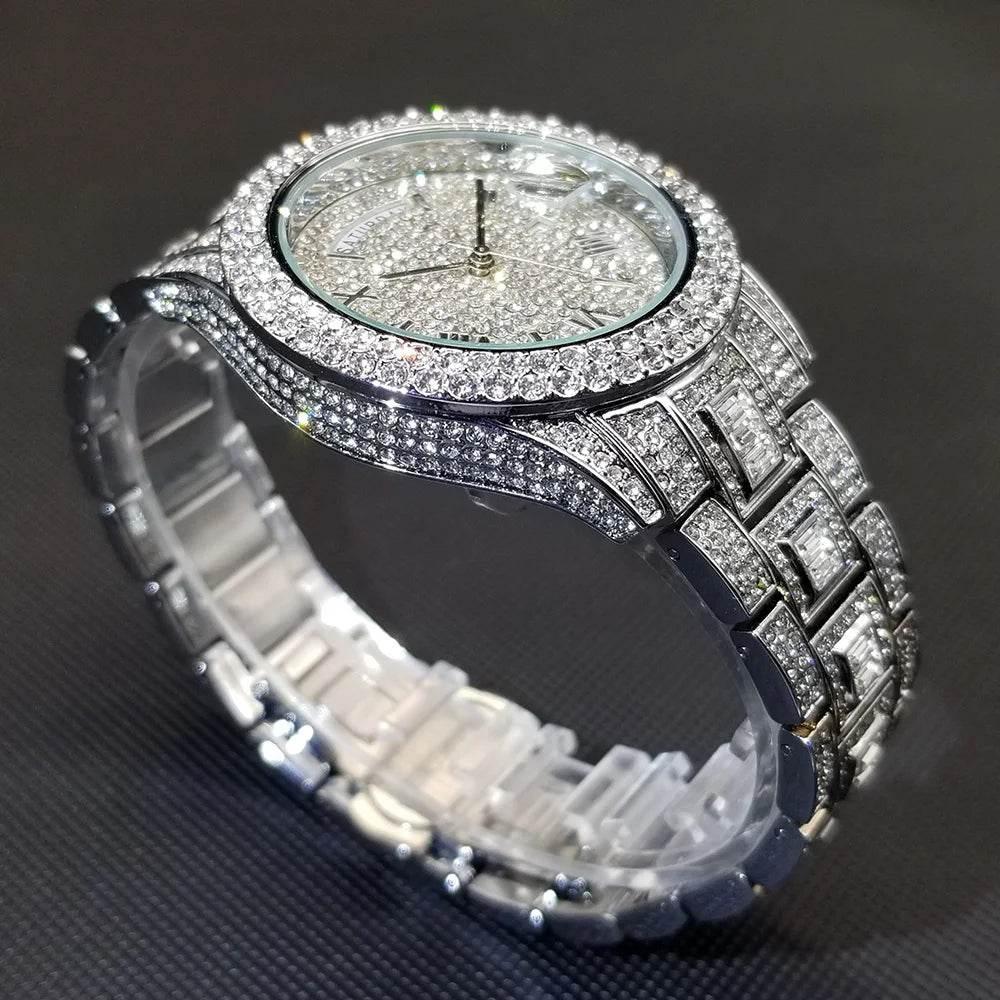 Luxury Shiny Diamond Watch For Men Hip Hop Trendy Iced Out Quartz Watches High Quality Stainless Steel Waterproof Day Date Clock - Empire P.E