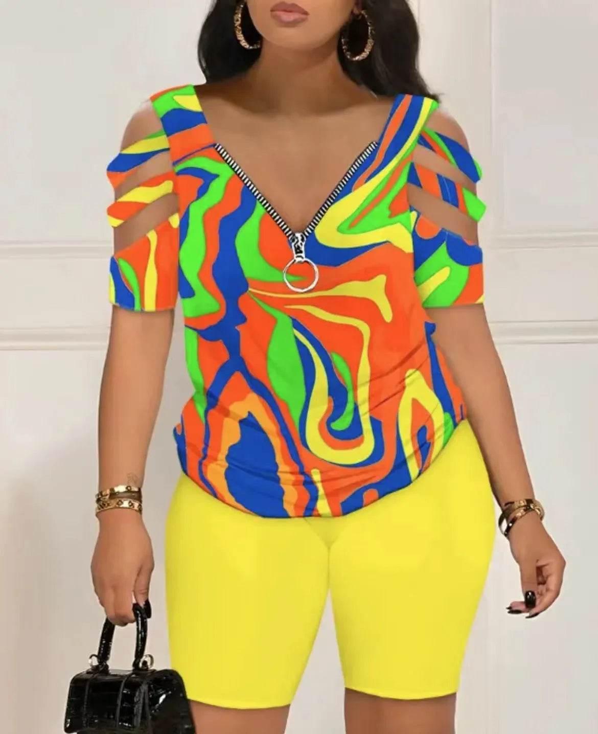 2024 Fashion Sexy Out T Shirt And Shorts 2 Piece Sets Women Outfit Summer Casual Loose Print T Shirts Two Piece Set For Women - Empire P.E