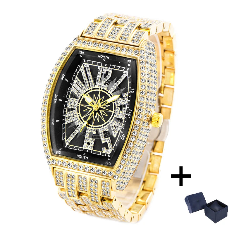 Men's lce Diamond Sun Pattern Literal Quartz Wristwatch