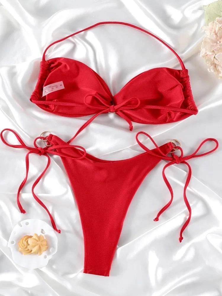 Solid Color Bikinis Push Up Swimwear Women Halter Bikini Set - Empire P.E