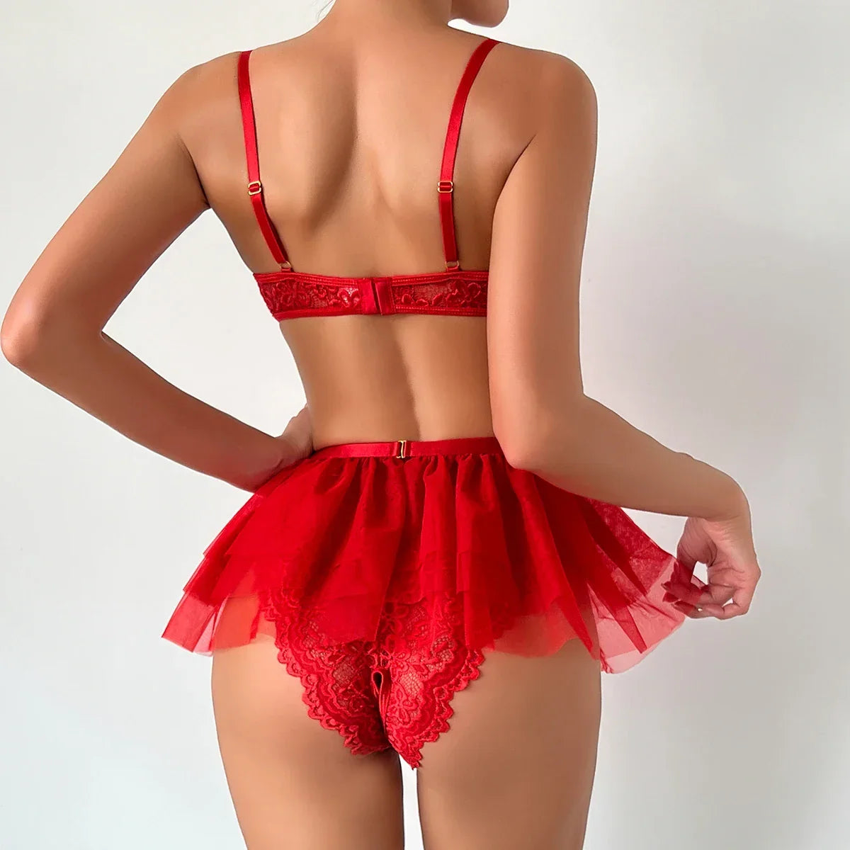 Lace Lingerie Set Women 2-Piece Red Backless Bodysuit - Empire P.E
