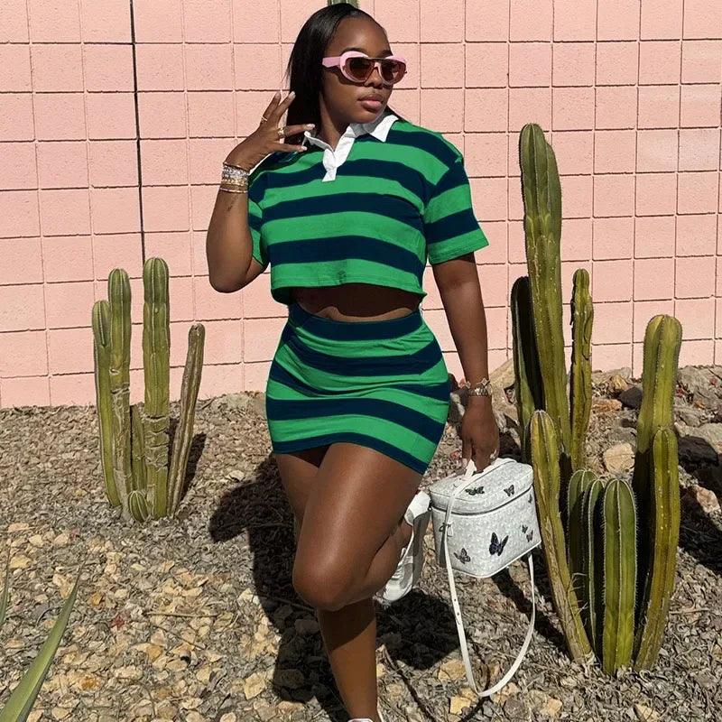 Sporty Fitness Striped Print 2 Pieces Set for Woman Streetwear Casual Turn-down Collar Shirt Crop Top and Mini Skirt Sets Summer - Empire P.E