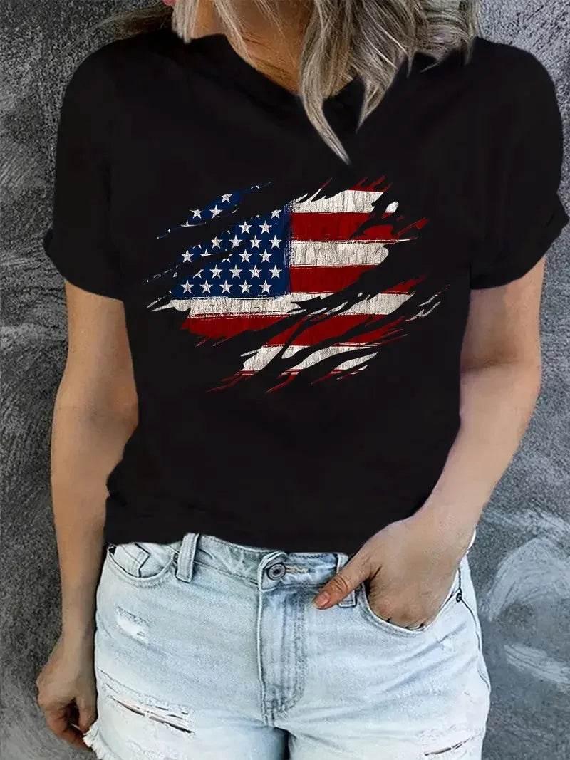 American Flag Print T-Shirt, Independence Day Short Sleeve Crew Neck Casual Top For Summer & Spring, Women's Clothing - Empire P.E