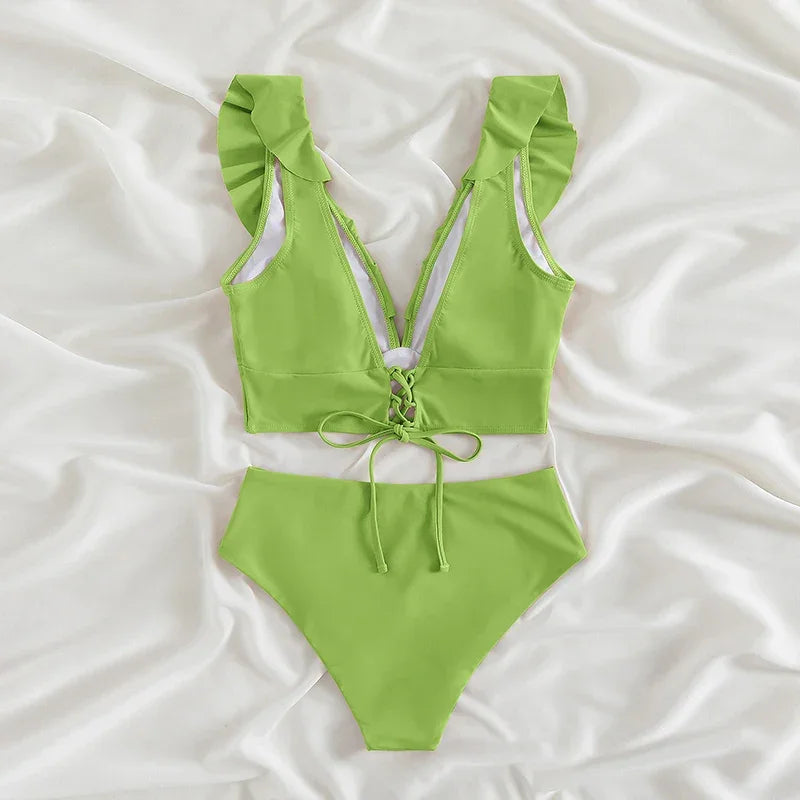 Riseado High Waist Bikinis Set Ruffle Shoulder Sexy Plunging Swimwear Women Bathing Suit Summer Beachwear - Empire P.E