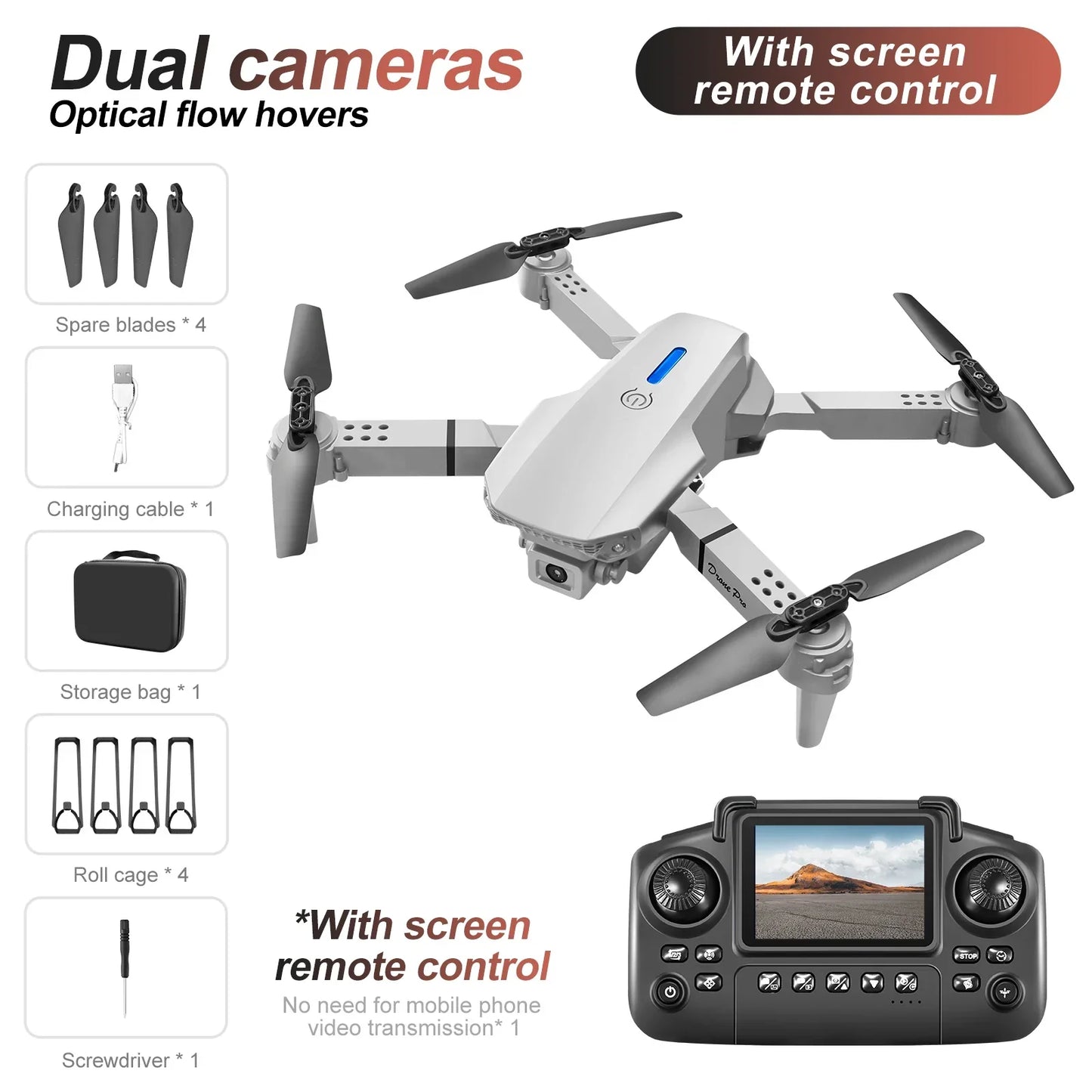 White Gray E88E99 Lighting Screen Control Mini Drone Dual Camera - Empire P.E