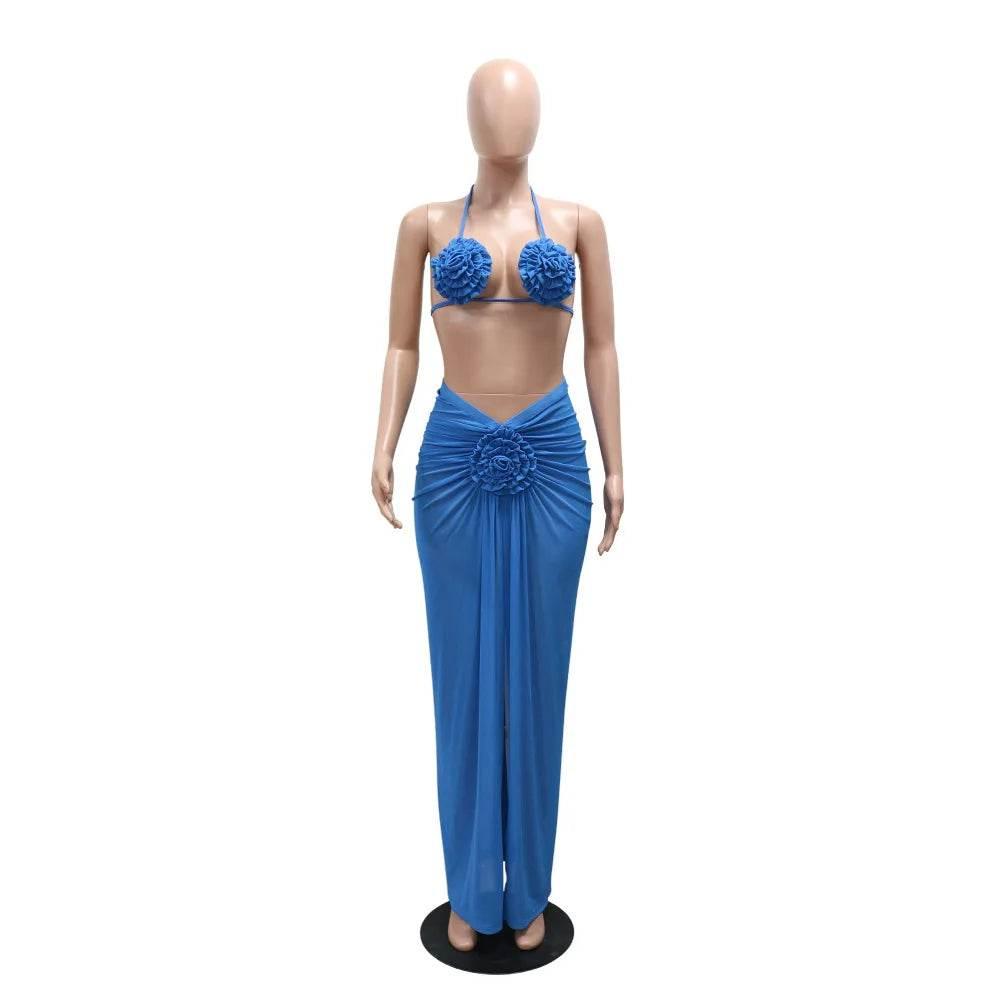 Joskaa Sexy Beach Style Bikini 3 Piece Set Women 3D Flower Halter Bra+Briefs+Sheer Mesh Maxi Skirt Matched 2025 - Empire P.E