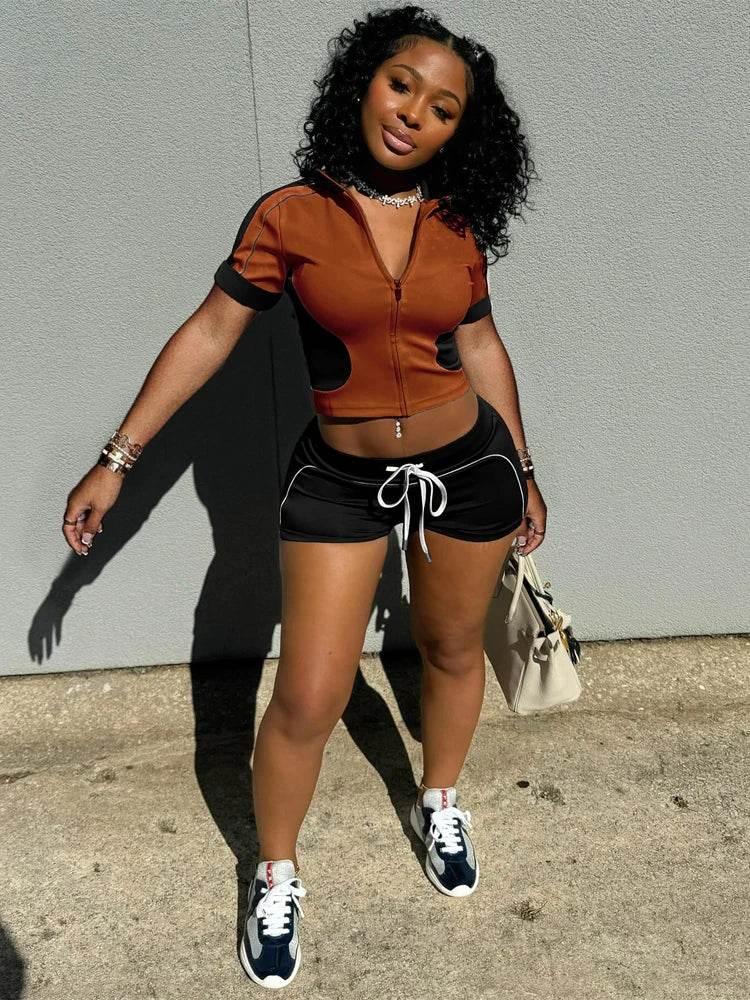 Women Sets Outfit Summer Streetwear Panelled Two Tone Slim Sports Short Sleeve Shorts Suits Zip Crop Tops Casual 2 Two Piece Set - Empire P.E