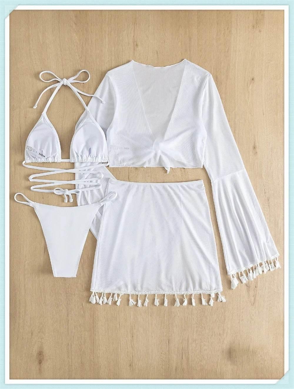 Sexy 4 Pieces Halter Bikinis Women Solid Swimwear Female Cover Up Swimsuit Long Sleeve And Skirt Bathing Suit Beachwear Summer - Empire P.E