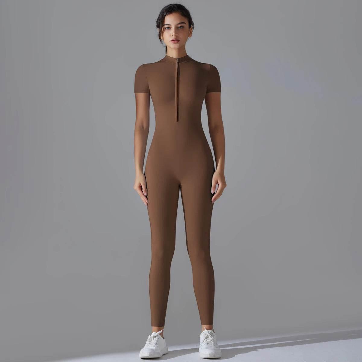 Yoga Set Women's Jumpsuits One-Piece Suit Zipper Short Sleeve Gym Push Up Workout Clothes Fitness Bodysuit Sportswear Tracksuit - Empire P.E