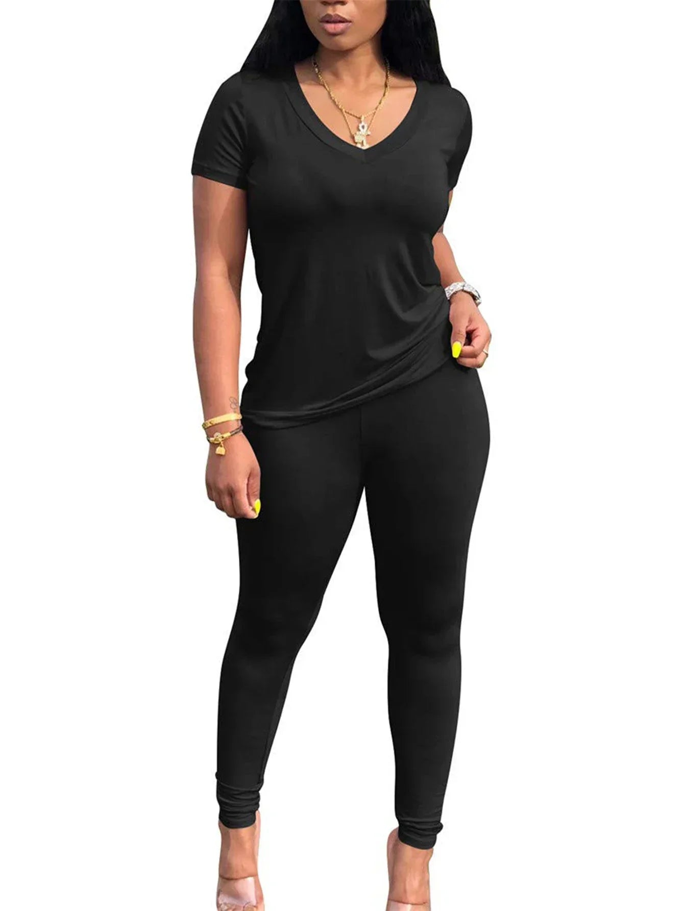Summer Women's V-Neck One Shoulder Short Sleeve Long Pants - Empire P.E