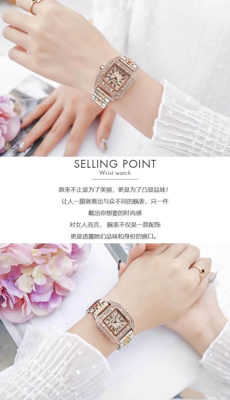 Ladies Dial Quartz Wristwatches Dress Clock Large square diamond-encrusted dial steel belt living waterproof quartz watch - Empire P.E