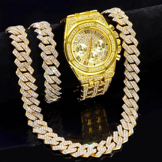 14MM Necklace+Watch+Bracelet Iced Out Watches For Men 2 Row Rhinestone Cuban Chain Necklace Set Women Men Hiphop Jewelry Gift - Empire P.E