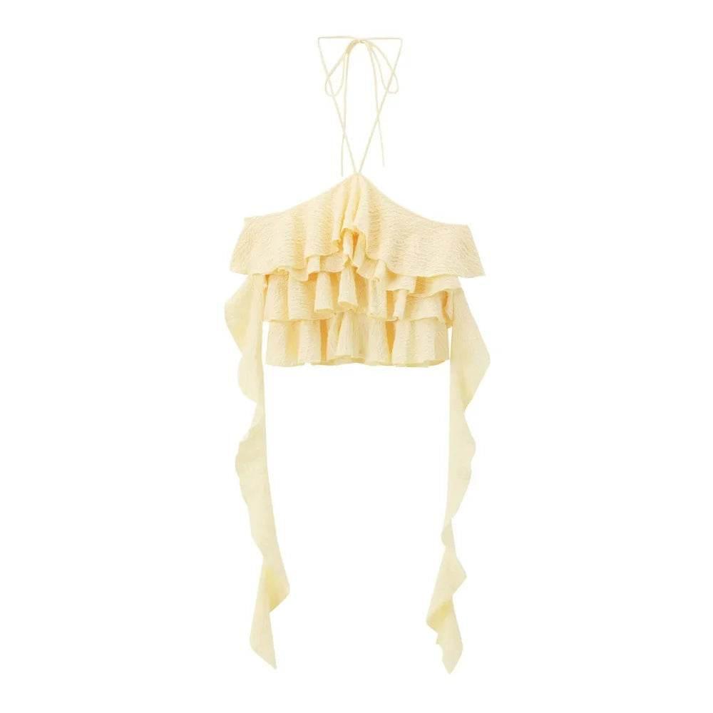 Textured halter crop top with ruffles Women's short yellow sleeveless top with sexy streamers for summer 2024 traf - Empire P.E