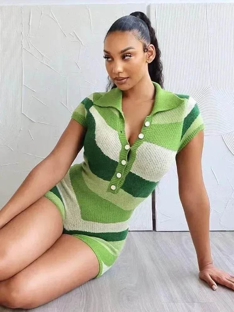 Laxsesu Irregular Contrast Romper Women Knit Stretch Polo Neck Single-Breasted Shorts Sleeve Skinny Slim Playsuits Streetwear - Empire P.E
