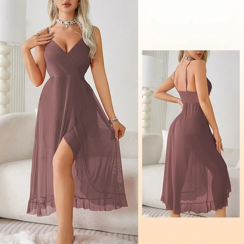2025 Sleep Shirts Sheer Mesh Slip Dress Criss Cross Back