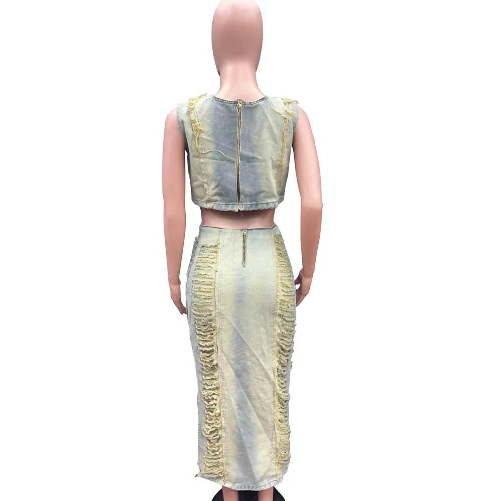 2 Piece Set Women 2024 Summer Sexy Club Tops And Maxi Skirt Sets High Waist Slit Skirt Mujer Matching Sets Denim Jacket Outfit - Empire P.E