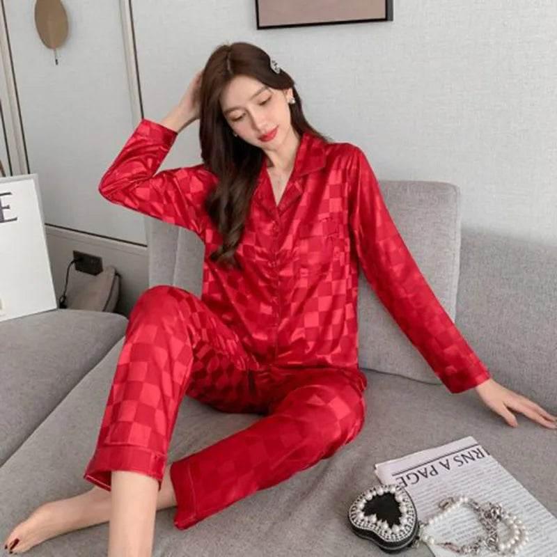 Plus Size Women Pajamas Set Long Sleeves Girl Home Wear Two-Piece Cardigan Solid Plaid Sleepwear Sexy Nightwear Autumn Winter - Empire P.E