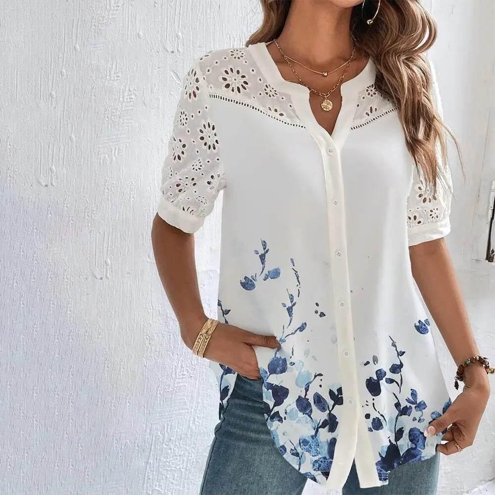Temperament Casual Lace Woman Shirt Fashion Loose Shirt Woman Elegant Short Sleeve Blouse Holiday Weekend - Empire P.E