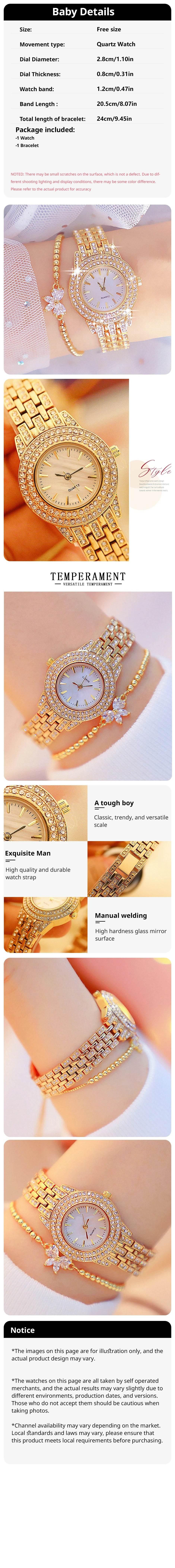 2pcs Fashionable Diamond Studded Real Nail Scale Alloy Set Quartz Bracelet Watch FOR WOMEN'S Watches - Empire P.E