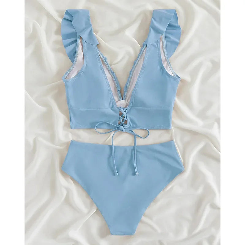 Riseado High Waist Bikinis Set Ruffle Shoulder Sexy Plunging Swimwear Women Bathing Suit Summer Beachwear - Empire P.E