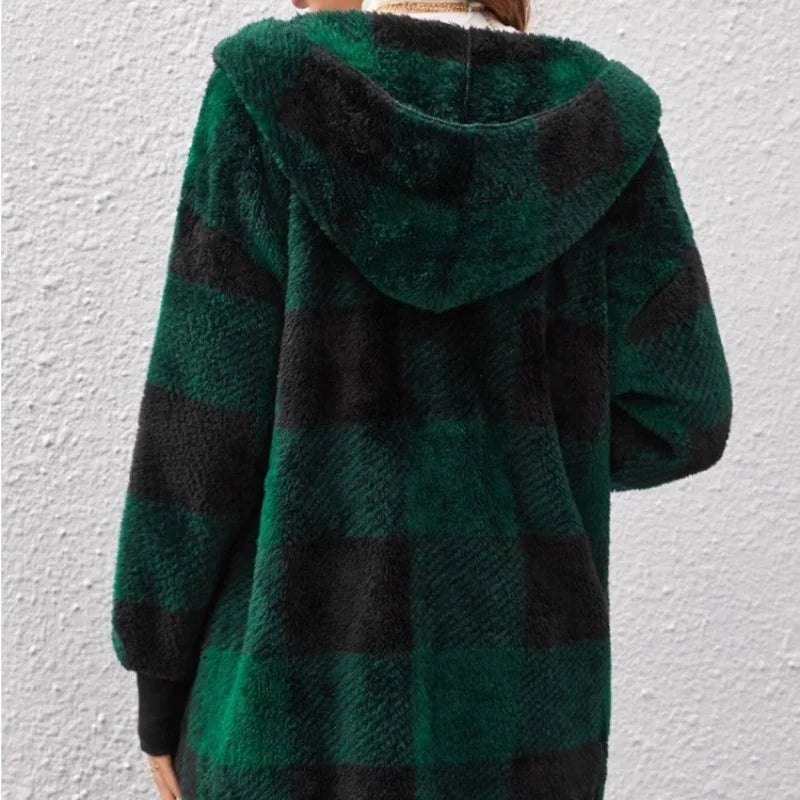Women Autumn Winter Double Fleece Plaid Outerwear Coat