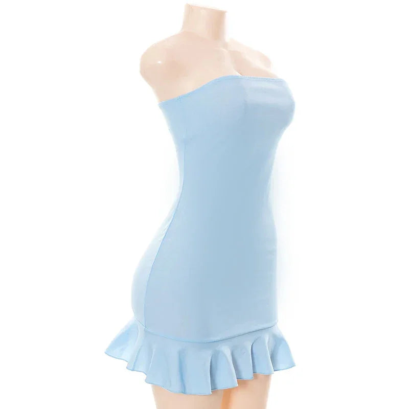 CUTENOVA Women Soft Tender Slight Blue Strapless Wrap Hipster Mini Pleated Dress Pullover Sexy Charm Outfits Girls Dating Wear - Empire P.E