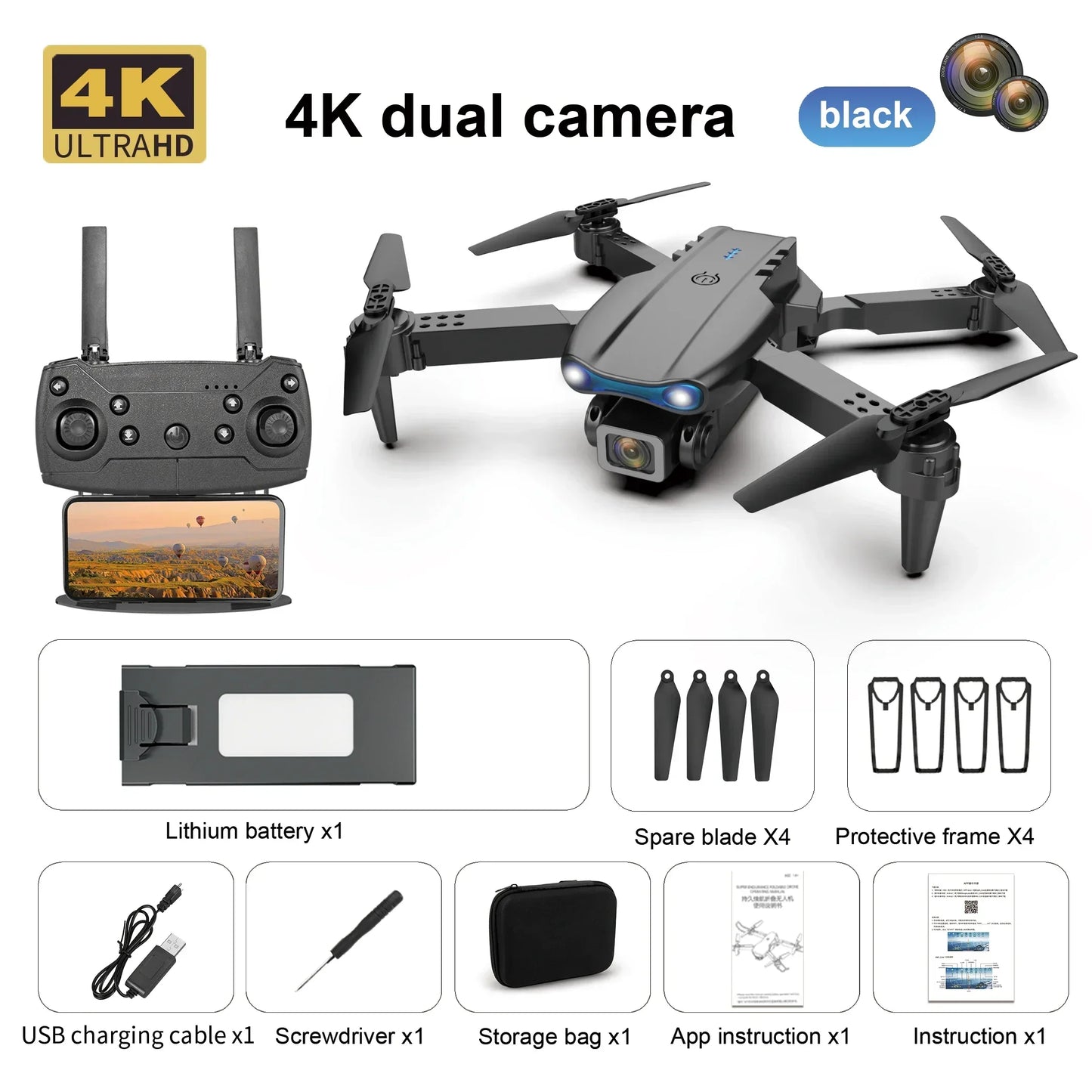 Black E88E99 GT Lighting Big Screen Control Mini Drone Dual Camera - Empire P.E