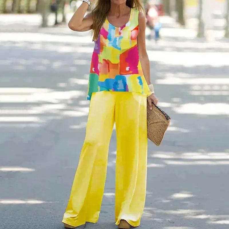 2023 Women 2 Piece Outfits Boho Casual Printed Vest Sleeveless Top Loose Wide Leg Pants Trousers Two Piece Set Elegant Suit - Empire P.E