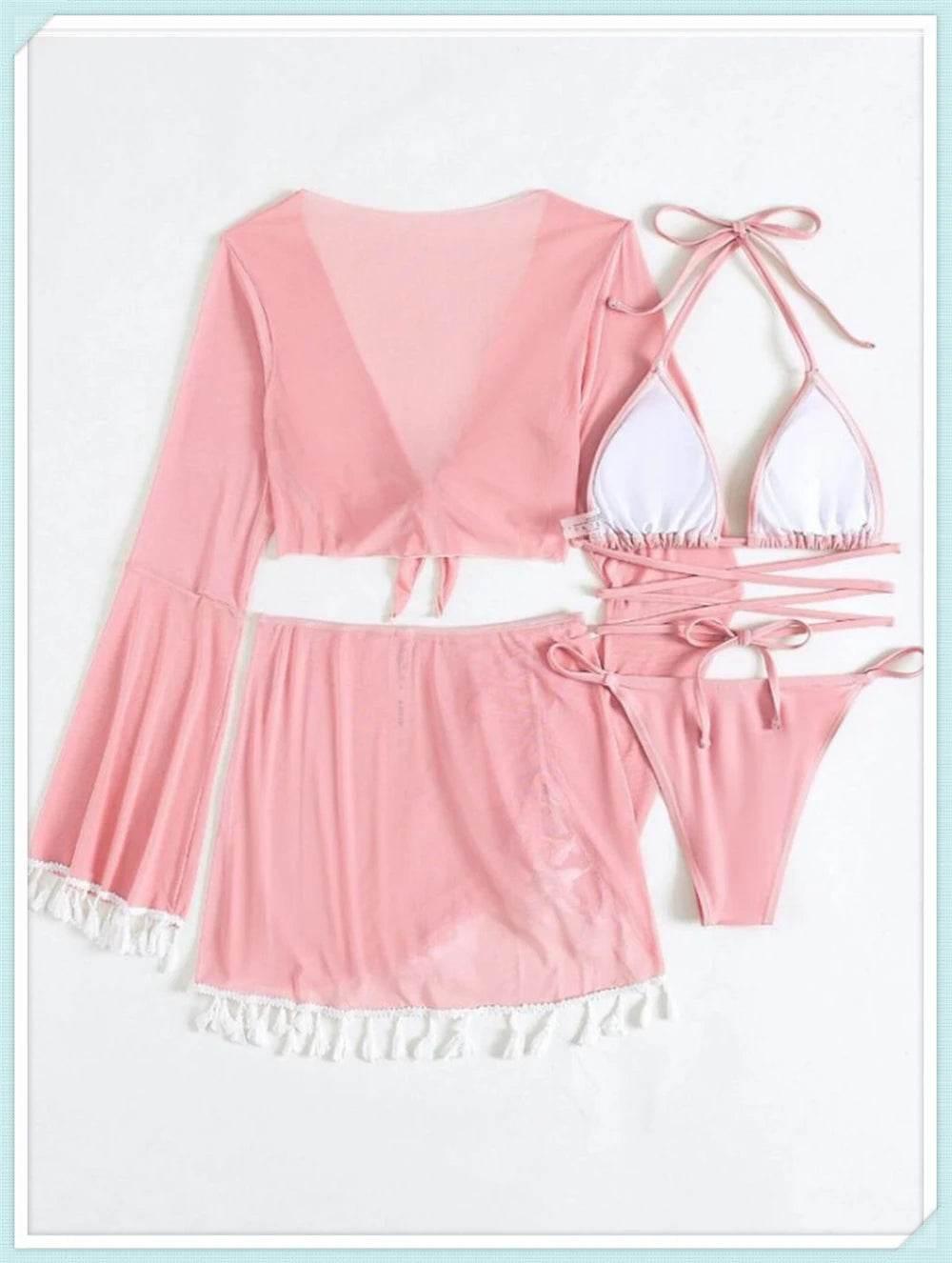 Sexy 4 Pieces Halter Bikinis Women Solid Swimwear Female Cover Up Swimsuit Long Sleeve And Skirt Bathing Suit Beachwear Summer - Empire P.E