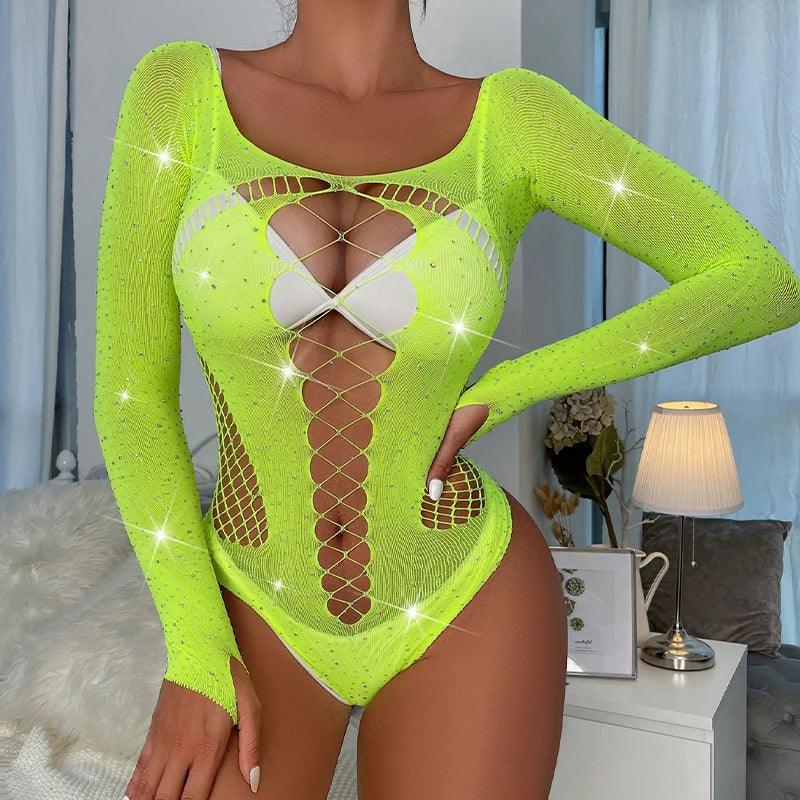 Women Sexy Lingerie Shiny Rhinestones Fishnets Bodysuit - Empire P.E