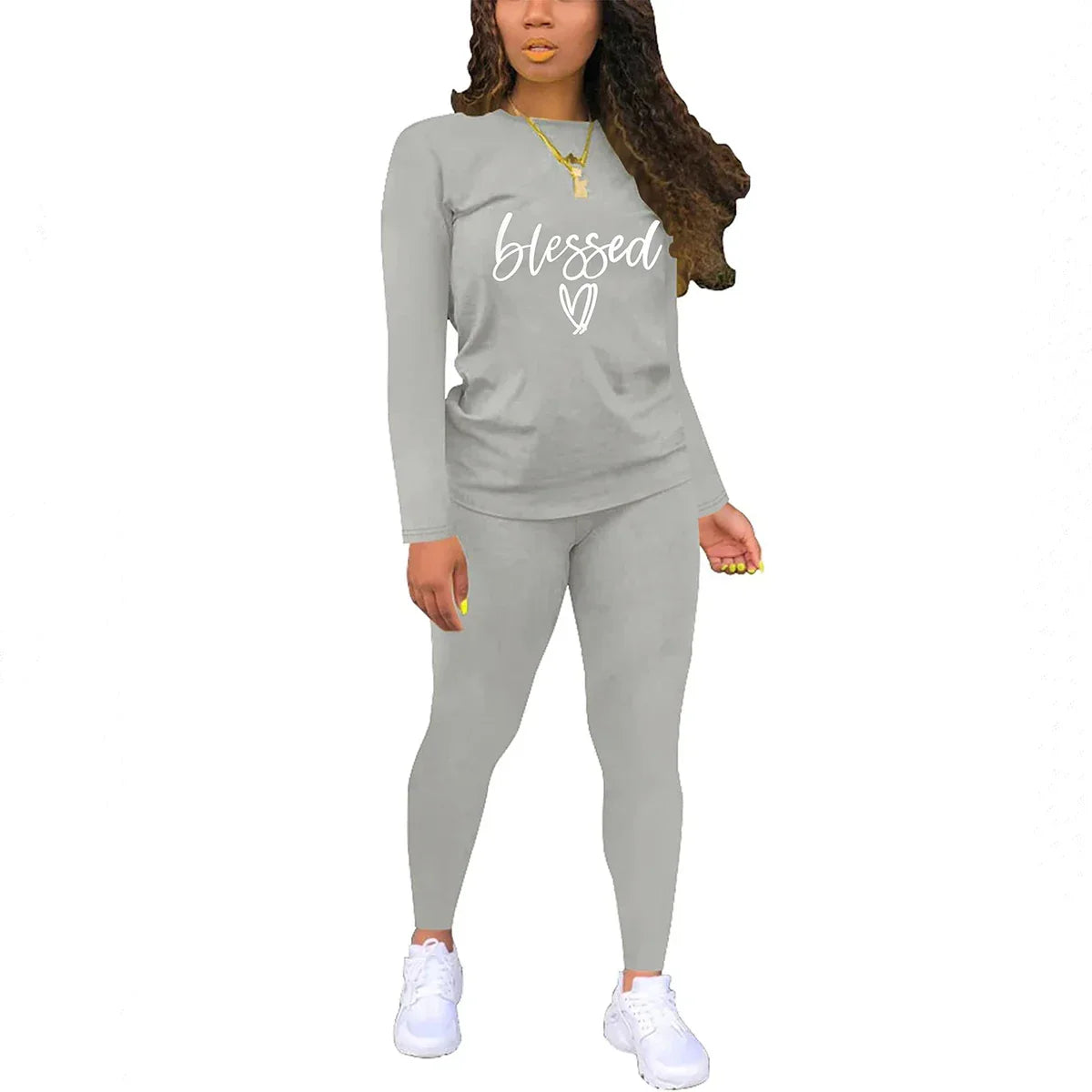 Women's long sleeved round neck blessing printed T-shirt and tight pants - Empire P.E