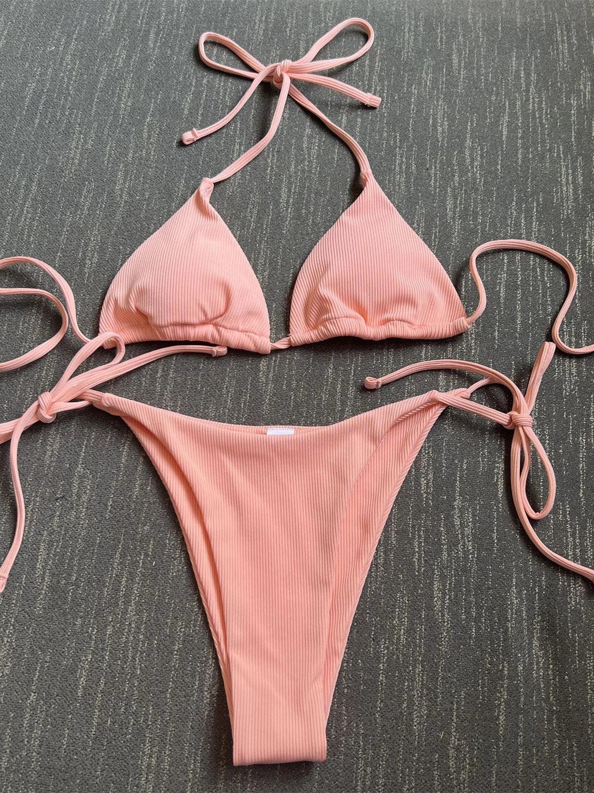 Women Solid Halter Push Up Bra Tie Side Triangle Swimsuit - Empire P.E