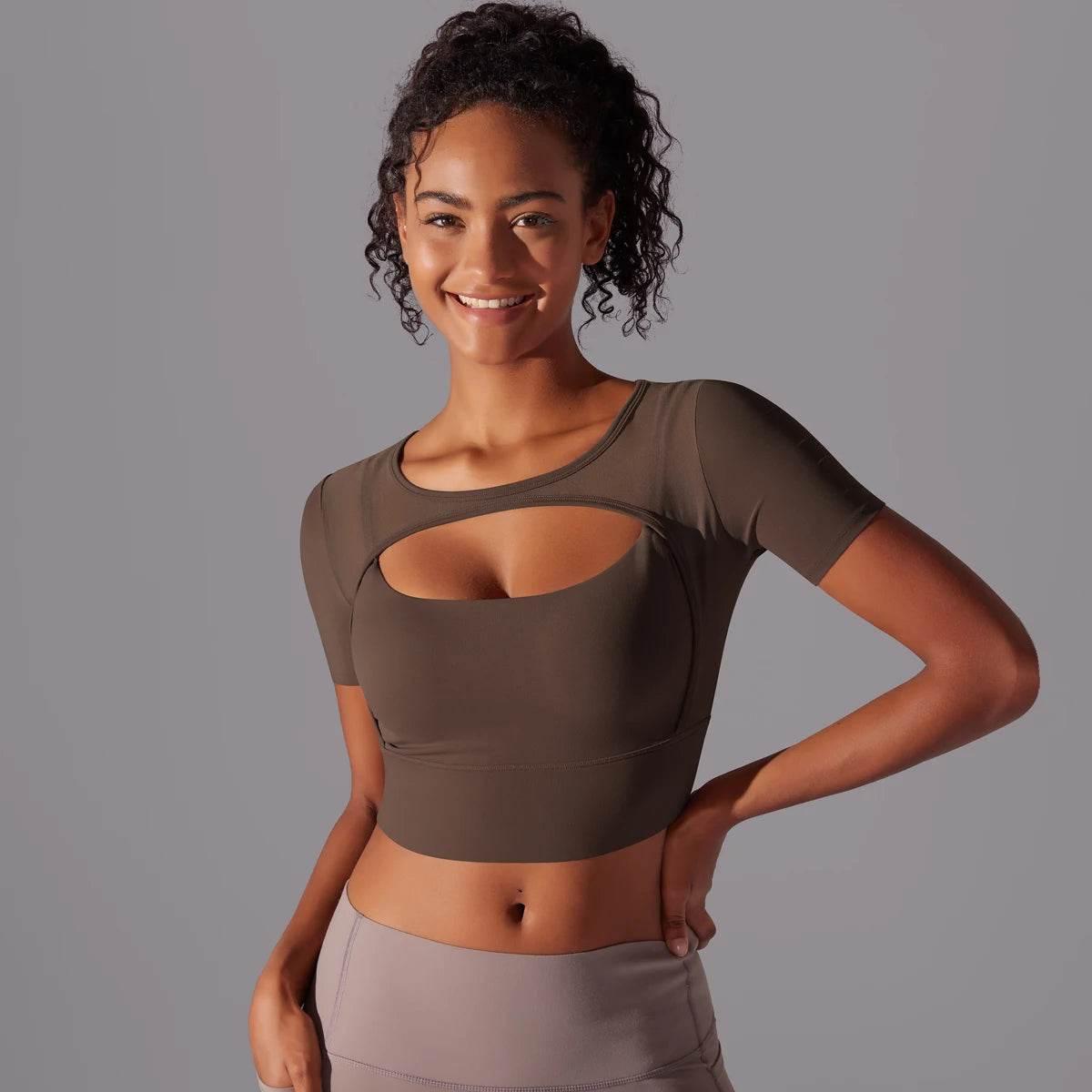 Solid Color Yoga Short Sleeve Sexy Double Layer Yoga Tank Top Spliced Mesh Yoga Clothing Top Fitness Running Sports Bra Women - Empire P.E