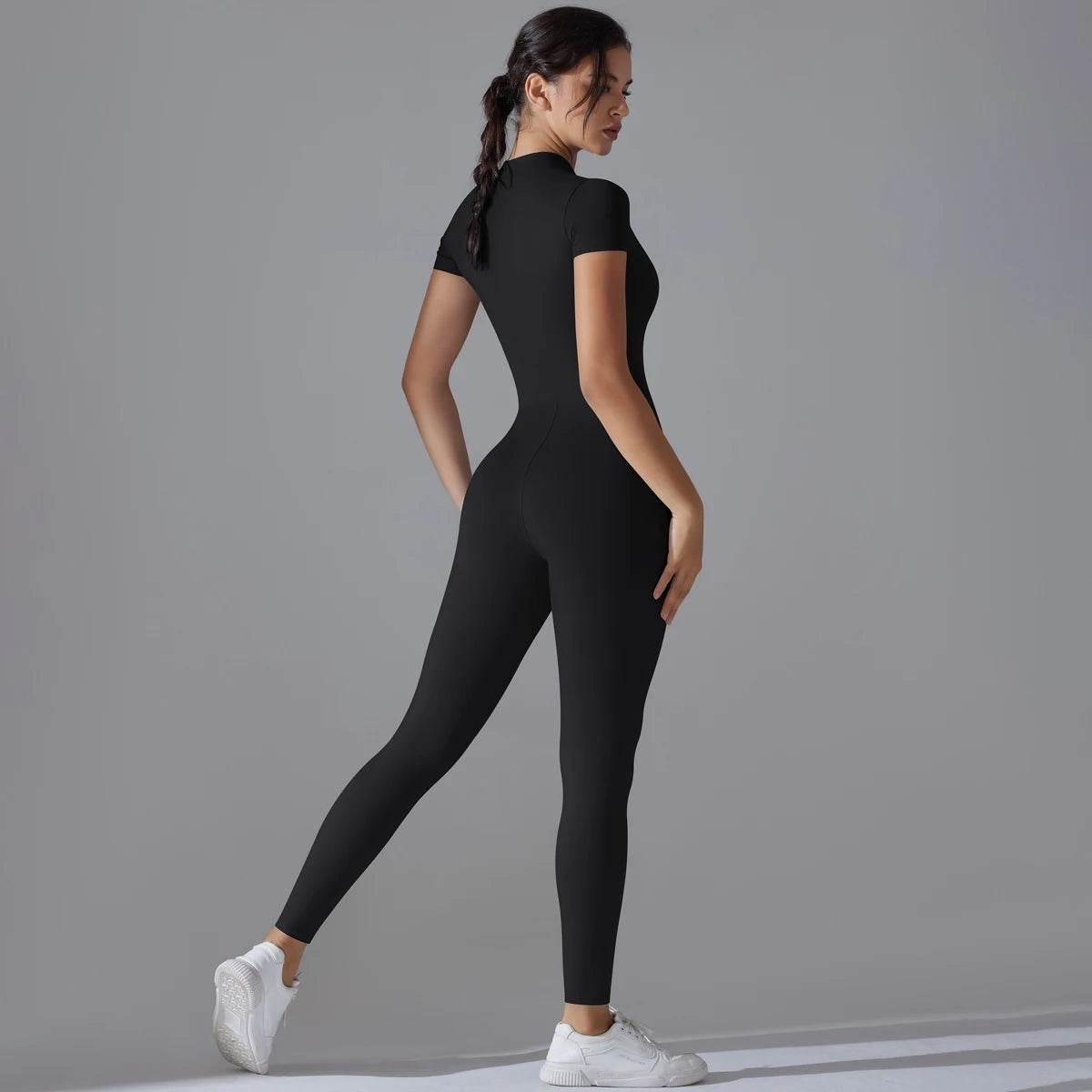 Yoga Set Women's Jumpsuits One-Piece Suit Zipper Short Sleeve Gym Push Up Workout Clothes Fitness Bodysuit Sportswear Tracksuit - Empire P.E
