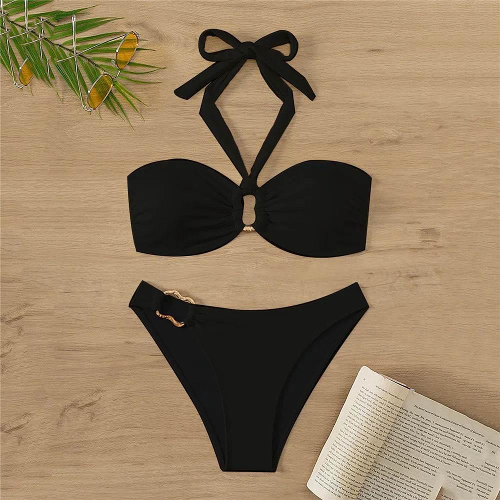 Halter Bandeau Leopard Print Bikinis Sets Woman Metal Ring Swimwear Hollow Out Sexy Swimsuit 2025 Bathing Suit Bikinis De Mujer - Empire P.E