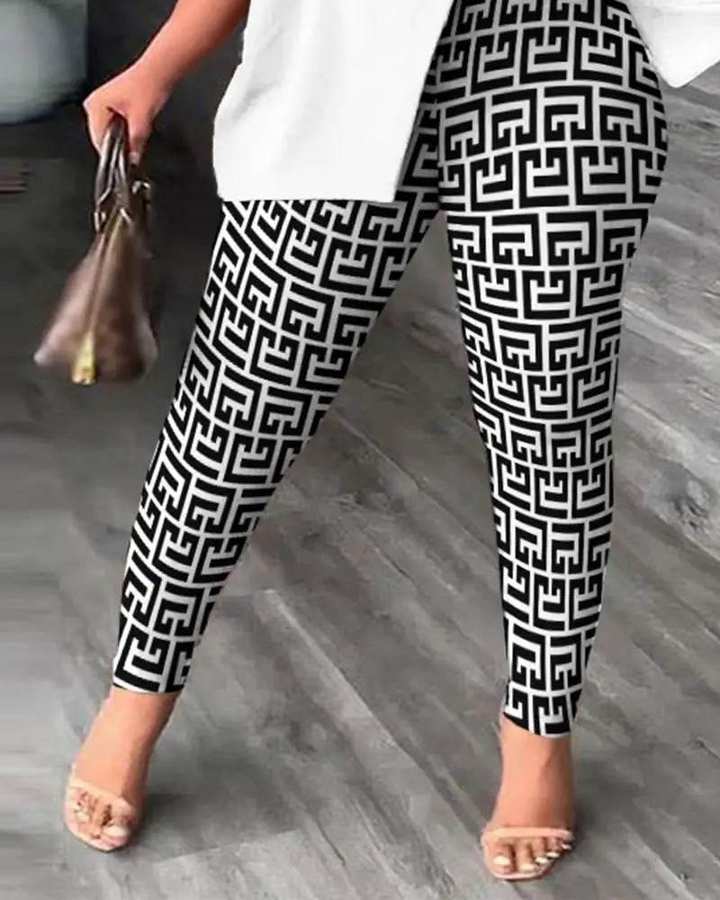 Elegant Women Two Piece Set Suits New Fashion Printed Ruffle Sleeve Top Solid Color Pants Set With Belt Blouses Female Clothing - Empire P.E
