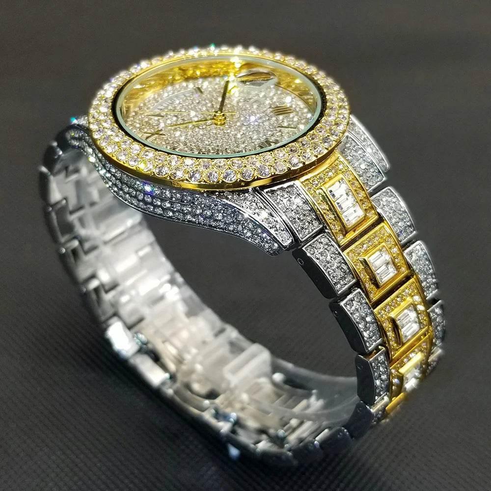 Luxury Shiny Diamond Watch For Men Hip Hop Trendy Iced Out Quartz Watches High Quality Stainless Steel Waterproof Day Date Clock - Empire P.E