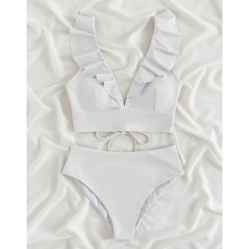 Riseado High Waist Bikinis Set Ruffle Shoulder Sexy Plunging Swimwear Women Bathing Suit Summer Beachwear - Empire P.E