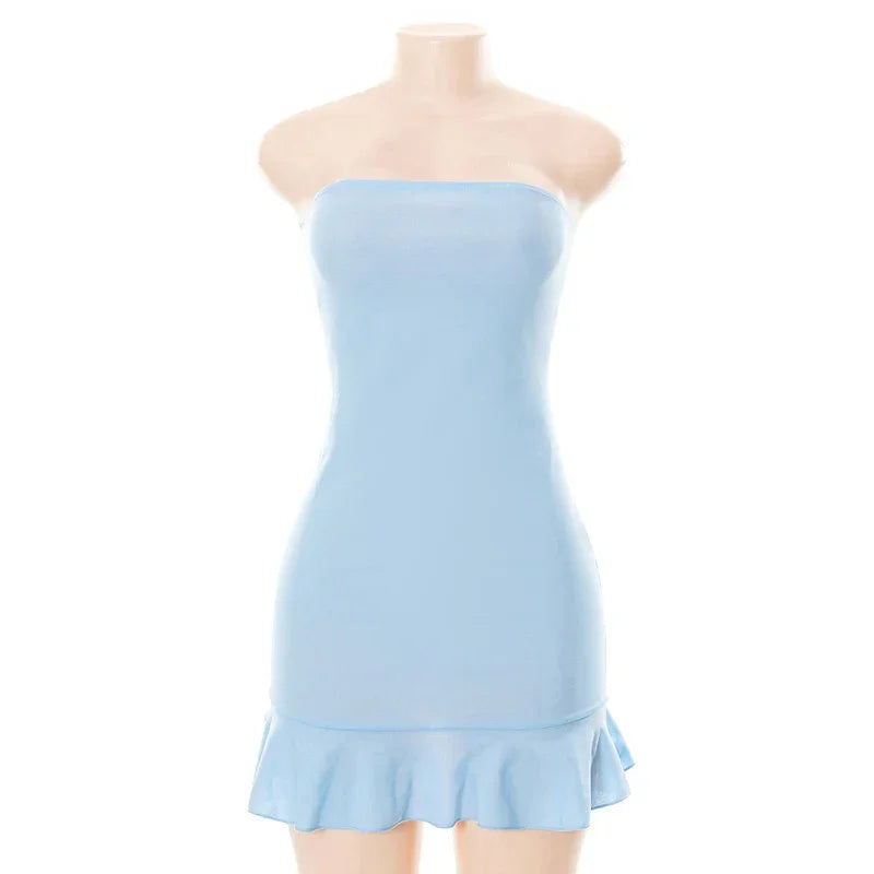 CUTENOVA Women Soft Tender Slight Blue Strapless Wrap Hipster Mini Pleated Dress Pullover Sexy Charm Outfits Girls Dating Wear - Empire P.E