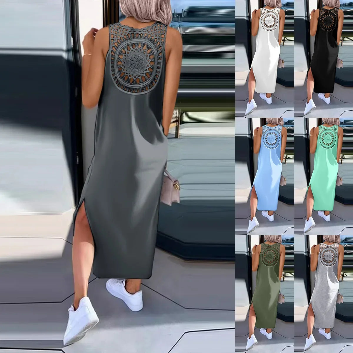Hollow Out Solid Long Dress Women Fashion Sleeveless - Empire P.E